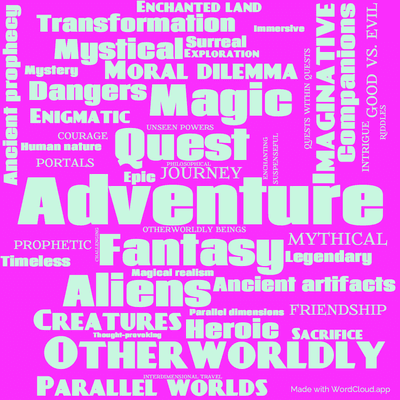 Word cloud of the book Enchanted Pilgrimage with 48 words like Adventure, Quest and Fantasy.