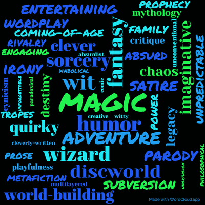 Word cloud of the book Sourcery by Terry Pratchett with 48 words like magic, fantasy and humor.