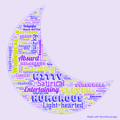 Word cloud of the book Full Moon with 47 words like Humorous, Witty and Satirical.