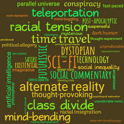 Word cloud of the book The Crack in Space by Philip K. Dick with 45 words like sci-fi, futuristic and dystopian.