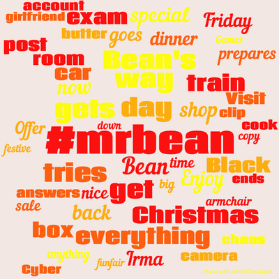 Word cloud with 50 words like #mrbean, Bean and day.