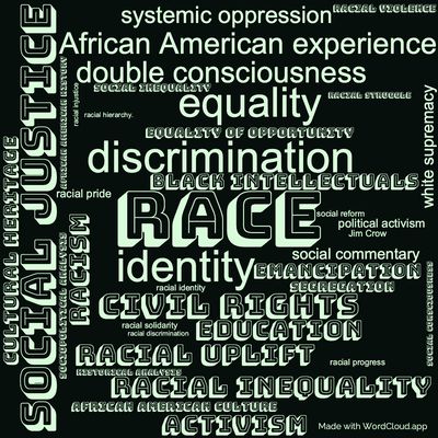 Word cloud of the book The Souls of Black Folk by W. E. B. Du Bois with 39 words like Race, identity and discrimination.
