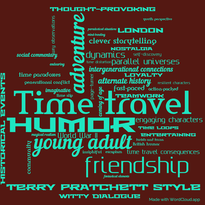 Word cloud of the book Johnny and the Bomb by Terry Pratchett with 47 words like Time travel, adventure and humor.