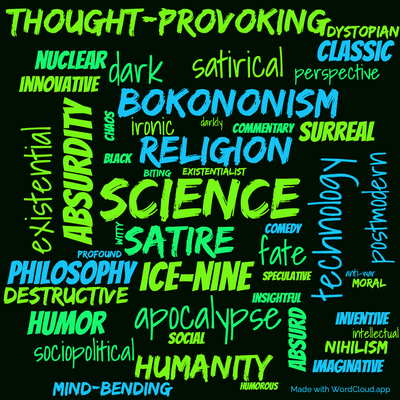 Word cloud of the book Cat's Cradle with 47 words like Science, satire and religion.