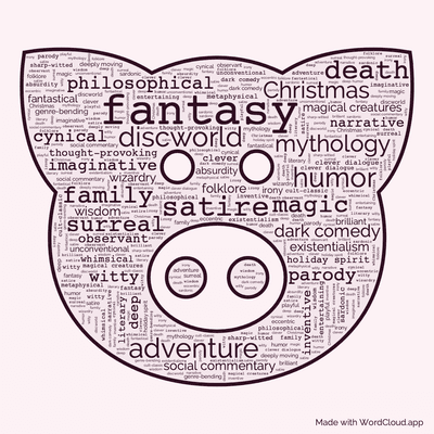 Word cloud of the book Hogfather by Terry Pratchett with 47 words like fantasy, humor and satire.