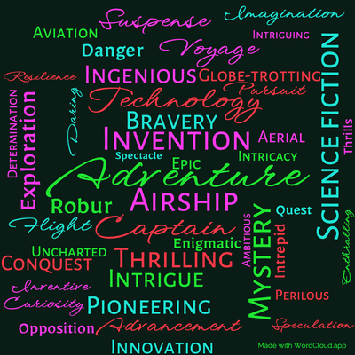 Word cloud of the book Robur the Conqueror with 45 words like Adventure, Airship and Invention.