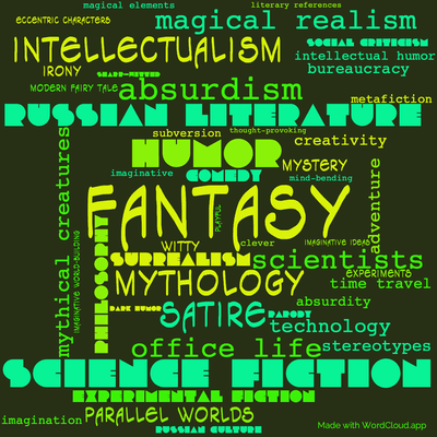 Word cloud of the book Monday Begins on Saturday with 48 words like fantasy, science fiction and humor.