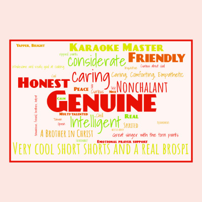 Word cloud in a Horizontal Rectangle shape with 35 words like Genuine, caring and Very cool short shorts and a r.