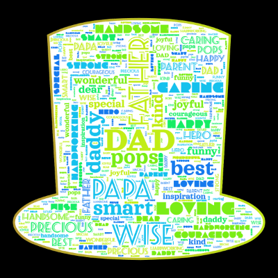 Word cloud in a Tall Hat shape with 25 words like DAD, father and daddy.