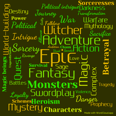 Word cloud of the book The Tower of the Swallow by Andrzej Sapkowski with 49 words like Epic, Fantasy and Adventure.