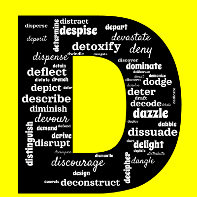Word cloud in the shape of the letter D with 55 words like distribute, distinguish and dazzle.