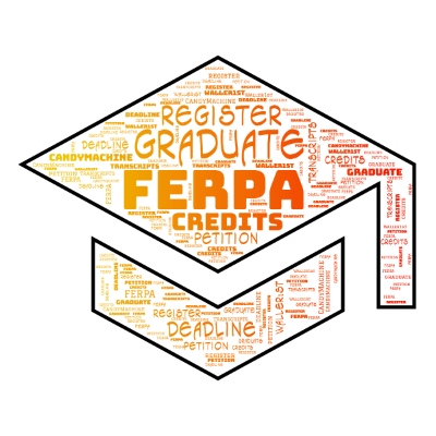 Word cloud in a Graduation Cap shape with 9 words like FERPA, graduate and register.