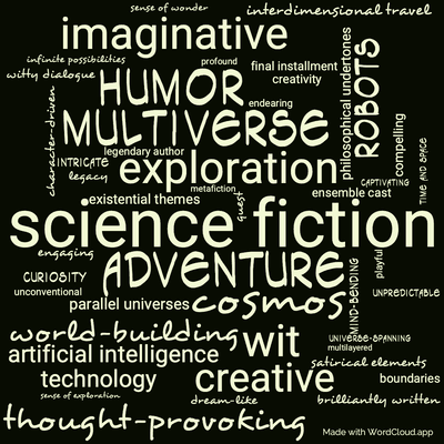 Word cloud of the book The Long Cosmos by Terry Pratchett with 48 words like science fiction, adventure and exploration.
