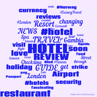 Word cloud with 50 words like HOTEL, REVIEW and TRAVEL.