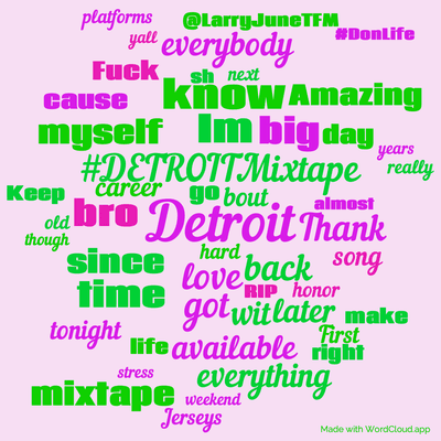 Word cloud with 50 words like Detroit, #DETROITMixtape and love.