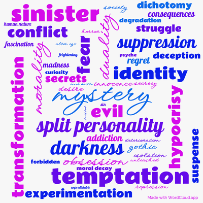 Word cloud of the book The Strange Case of Dr. Jekyll and Mr. Hyde by Robert Louis Stevenson with 48 words like mystery, split personality and duality.