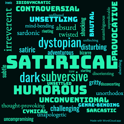 Word cloud of the book Pygmy with 43 words like satirical, subversive and dark.