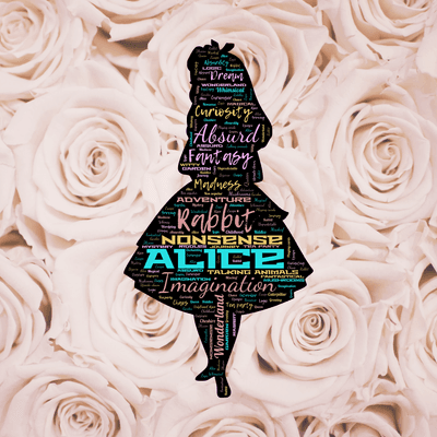Word cloud of the book Alice's Adventures in Wonderland by Lewis Carroll with 42 words like Rabbit, Imagination and Absurd.