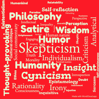 Word cloud of the book What is man with 49 words like Skepticism, Humor and Humanity.