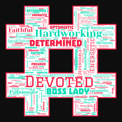 Word cloud in a Hash shape with 14 words like Devoted, Determined and Hardworking.