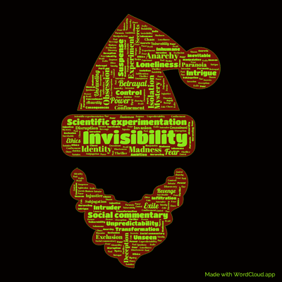 Word cloud of the book The Invisible Man- A Grotesque Romance by H. G. Wells with 48 words like Invisibility , Scientific experimentation and Isolation .
