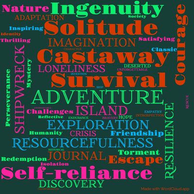 Word cloud of the book The Life and Adventures of Robinson Crusoe by Daniel Defoe with 49 words like Adventure, Survival and Island.