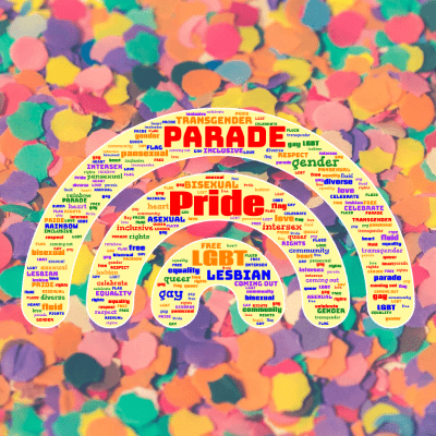 Word cloud in a Rainbow shape with 26 words like Pride, parade and LGBT.