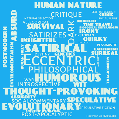Word cloud of the book Galapagos by Kurt Vonnegut with 44 words like Eccentric, satirical and philosophical.