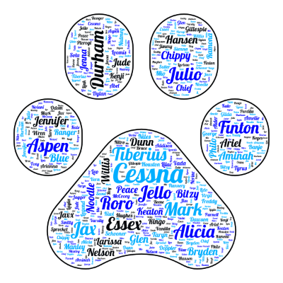 Word cloud in a Paw Print shape with 98 words like Cessna, Tiberius and Roro.