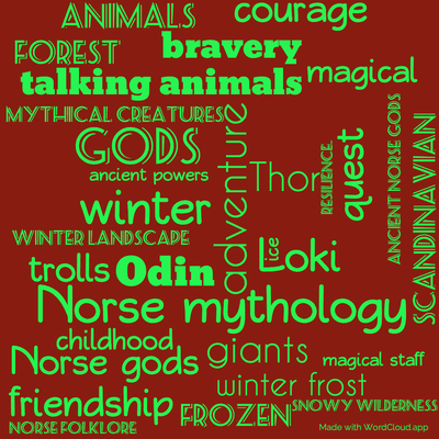 Word cloud of the book Odd and the Frost Giants with 31 words like Norse mythology, adventure and winter.
