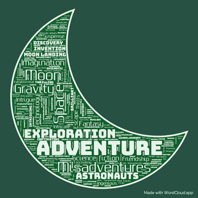 Word cloud of the book All Around the Moon with 49 words like Adventure, Space and Moon.