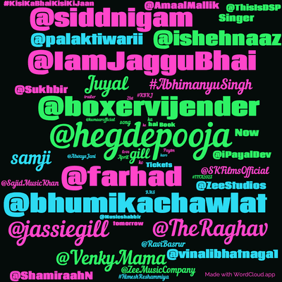Word cloud with 50 words like @hegdepooja, @bhumikachawlat and @boxervijender.