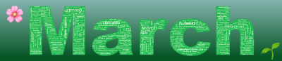 Word cloud in the shape of the word March with 20 words like March, spring and blossom.