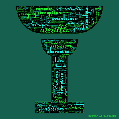 Word cloud of the book The Great Gatsby by F. Scott Fitzgerald with 47 words like wealth, love and obsession.