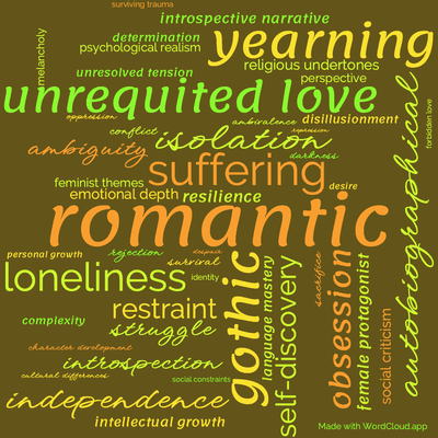 Word cloud of the book Villette by Charlotte Bronte with 48 words like romantic, suffering and gothic.