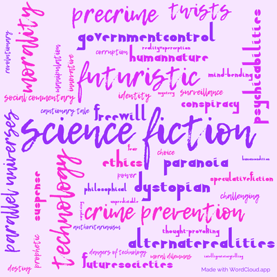 Word cloud of the book The Minority Report And Other Classic Stories by Philip K. Dick with 46 words like science fiction, dystopian and futuristic.