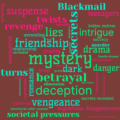 Word cloud of the book Pretty Little Liars. Heartless with 48 words like mystery, secrets and betrayal.