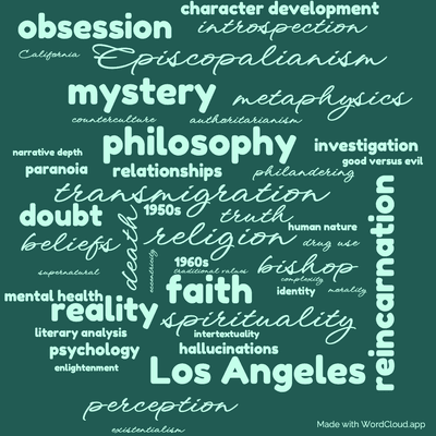 Word cloud of the book The Transmigration of Timothy Archer by Philip K. Dick with 46 words like transmigration, religion and philosophy.