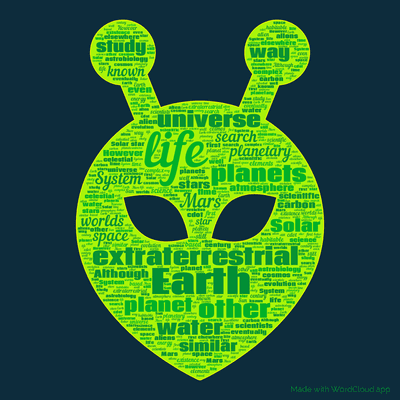 Word cloud with 50 words like life, Earth and extraterrestrial.