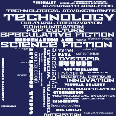 Word cloud of the book Distrust That Particular Flavor by William Gibson with 49 words like technology, science fiction and cyberspace.
