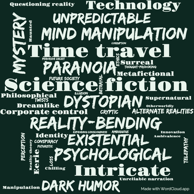 Word cloud of the book Ubik with 47 words like Science fiction, Dystopian and Reality-bending.
