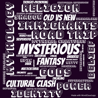 Word cloud of the book American Gods with 48 words like Mysterious, Mythology and Fantasy.