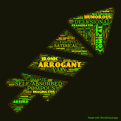 Word cloud of the book The Remarkable Rocket by Oscar Wilde with 48 words like arrogant, pompous and self-absorbed.