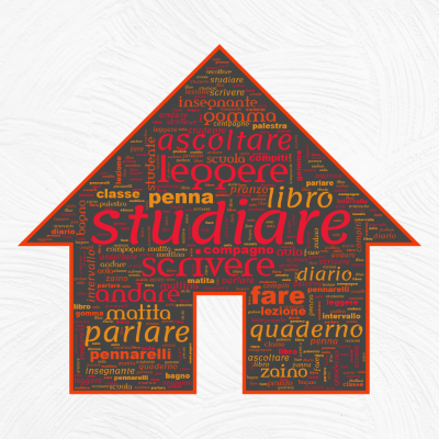 Word cloud in a House shape with 28 words like studiare, leggere and scrivere.