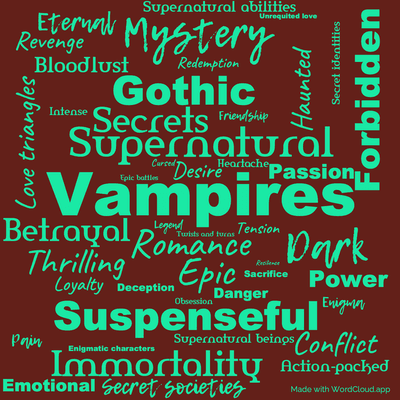 Word cloud of the book Dark Reunion by Lisa J. Smith with 47 words like Vampires, Supernatural and Romance.