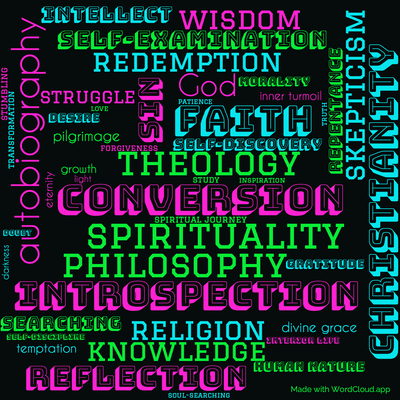 Word cloud of the book The Confessions of St. Augustine by Bishop of Hippo Saint Augustine with 47 words like spirituality, autobiography and conversion.