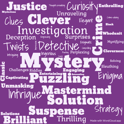 Word cloud of the book The Labours of Hercules by Agatha Christie with 50 words like Mystery, Detective and Puzzling.