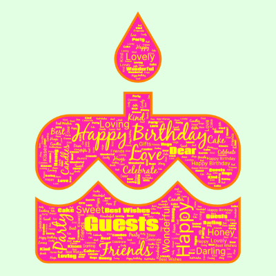 Word cloud in a Cake shape with 22 words like Happy Birthday, Love and Happy.