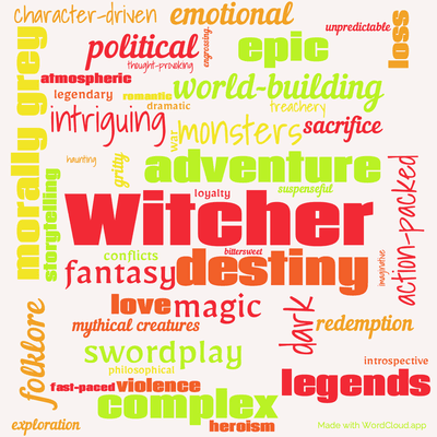 Word cloud of the book The Sword of Destiny by Andrzej Sapkowski with 47 words like Witcher, destiny and adventure.