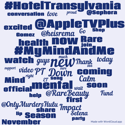 Word cloud with 50 words like new, #MyMindAndMe and @AppleTVPlus.